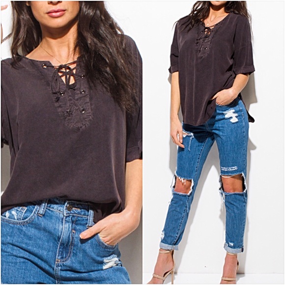 Tops - Relaxed Sexy Boho Lace Up Acid Wash Top SMLXL